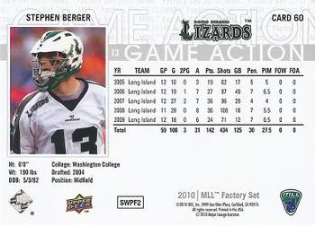 2010 Upper Deck Major League Lacrosse #60 Stephen Berger Back